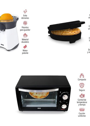 Combo Cocina RCA RC-CC – Horno Eléctrico 9L, Exprimidor de Jugos y Waflera Belga