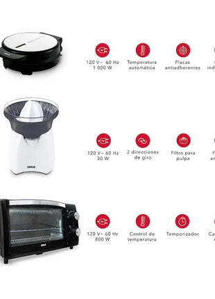 Combo Cocina RCA RC-CC – Horno Eléctrico 9L, Exprimidor de Jugos y Waflera Belga