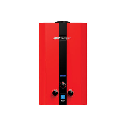 Boiler de Gas LP Mirage FLUX 10L/min | Baja Presión de Agua | Encendido Automático | Instantáneo | Color Rojo | Para 1-2 Servicios