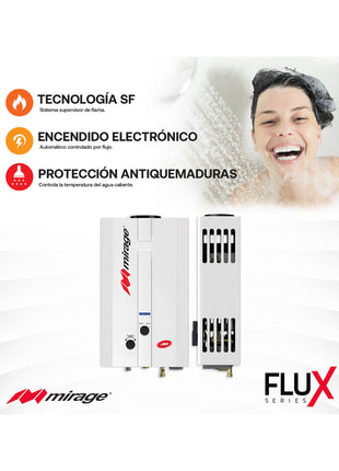 Boiler de Gas LP Mirage FLUX 6L/min Blanco | Cero Presión de Agua | Encendido Automático | Compacto | MBF06ED