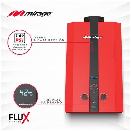 Boiler de Gas LP Mirage FLUX 16L/min | Baja Presión de Agua | Encendido Automático | Alta Capacidad | Color Rojo | Hasta 3 Servicios
