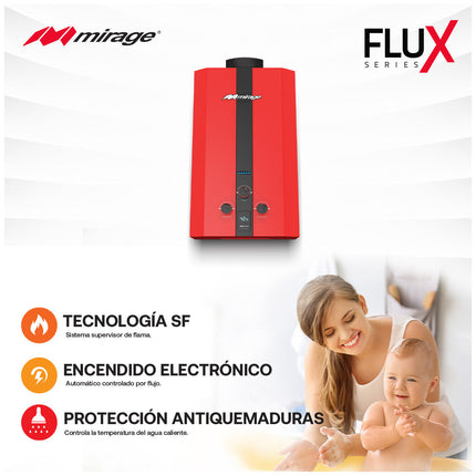 Boiler de Gas LP Mirage FLUX 16L/min | Baja Presión de Agua | Encendido Automático | Alta Capacidad | Color Rojo | Hasta 3 Servicios