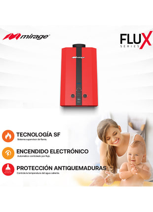 Boiler de Gas LP Mirage FLUX 6L/min | Cero Presión de Agua | Encendido Automático | Color Rojo | Instantáneo | Bajo Consumo