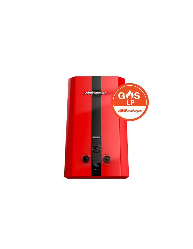 Boiler de Gas LP Mirage FLUX 6L/min | Cero Presión de Agua | Encendido Automático | Color Rojo | Instantáneo | Bajo Consumo