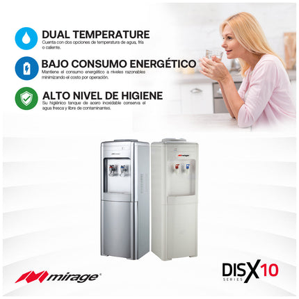 Dispensador de Agua Mirage DISX10 MDD10CB | 3 Temperaturas | Mesa con Garrafón Superior | Color Gris | Compacto 52 cm Alto