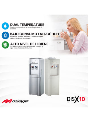 Dispensador de Agua Mirage DISX10 MDD10CS | 3 Temperaturas | Mesa con Garrafón Superior | Color Gris | Compacto 52 cm Alto