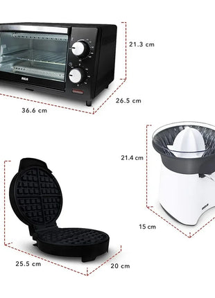 Combo Cocina RCA RC-CC – Horno Eléctrico 9L, Exprimidor de Jugos y Waflera Belga